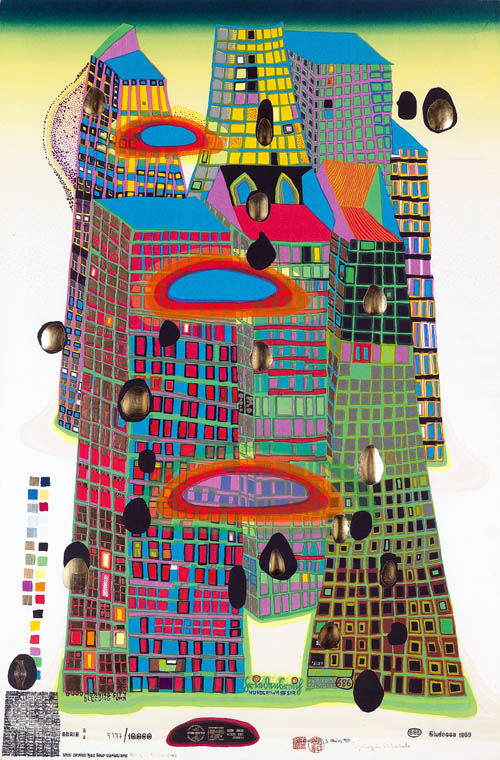 Hundertwasser - Good Morning City - Bleeding Town - series AA - 1969 color screenprint